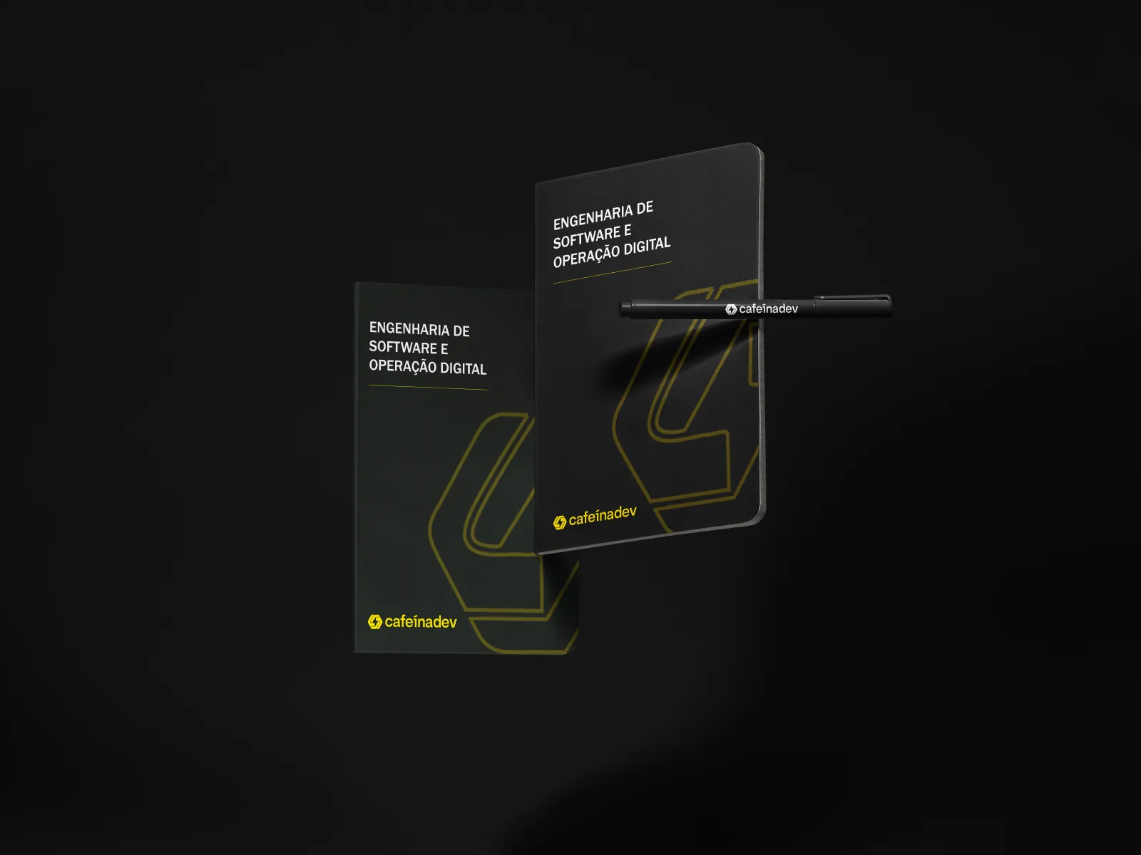 Cadernos com capa estampada pela identidade da Cafeína Dev.